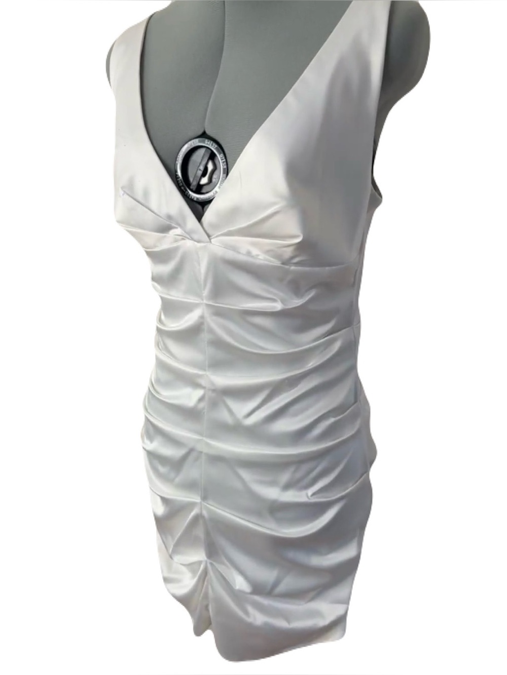 White Satin Plunging Ruched Mini Cocktail Dress M